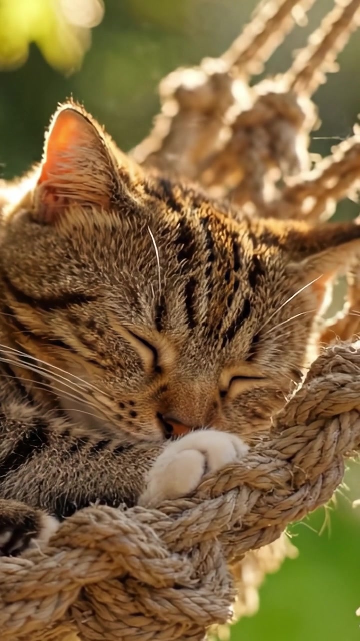 Un momento felino sereno: un gatto carino che dorme pacificamente su una comoda amaca di corda in un ambiente naturale tranquillo, godendosi il calore della luce solare.