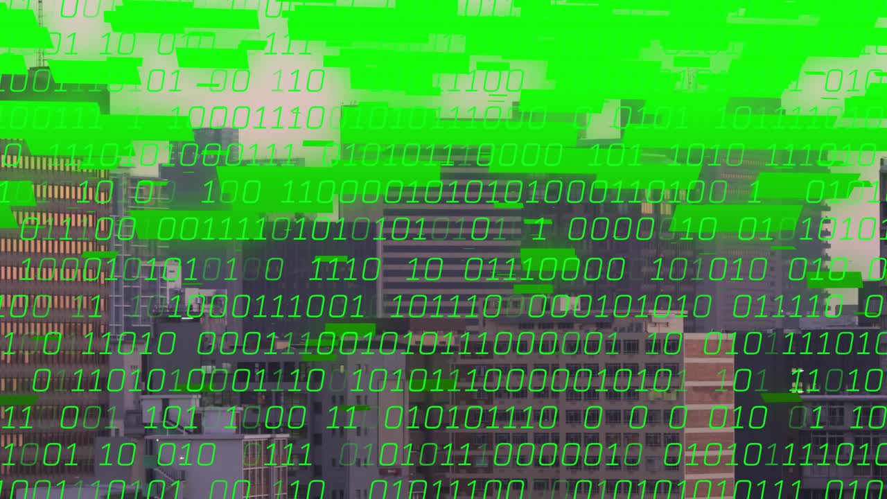 Downtown skyline getting green binary overlay at dusk, digits growing and streaming to show data