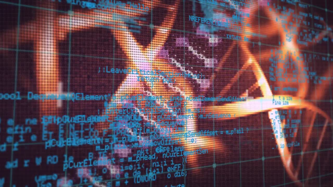animación de cadenas de adn girando y procesamiento de datos médicos