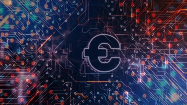 Circuits rising and node lights pulsing driving € glowing and streaming fintech data