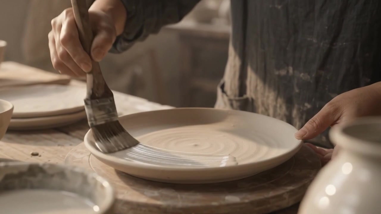 Potter Applying Glaze to Ceramic Plate in Studio