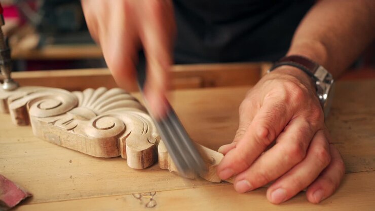 Craftsman polishing wooden detail in workshop