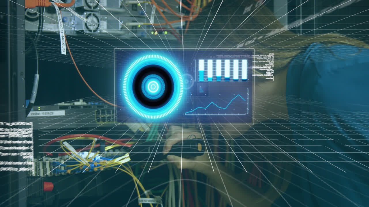 animación del procesamiento de datos en la sala de servidores caucásica trabajadora femenina