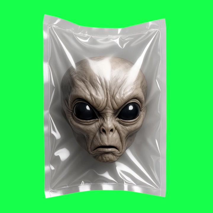 Alienhoofd verzegeld in plastic zak tegen groen scherm