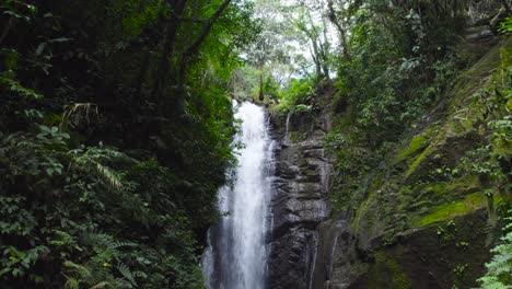 Aerial-Shot-Of-Wonderful-Waterfalls-Flowing-Out-Of-Rocky-Mountain,-Shipibos,-Pucallpa,-Per?