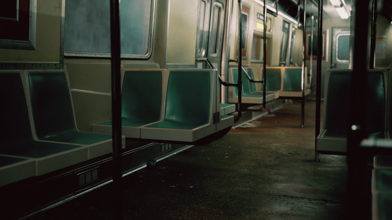 Empty subway train interior during late evening commute