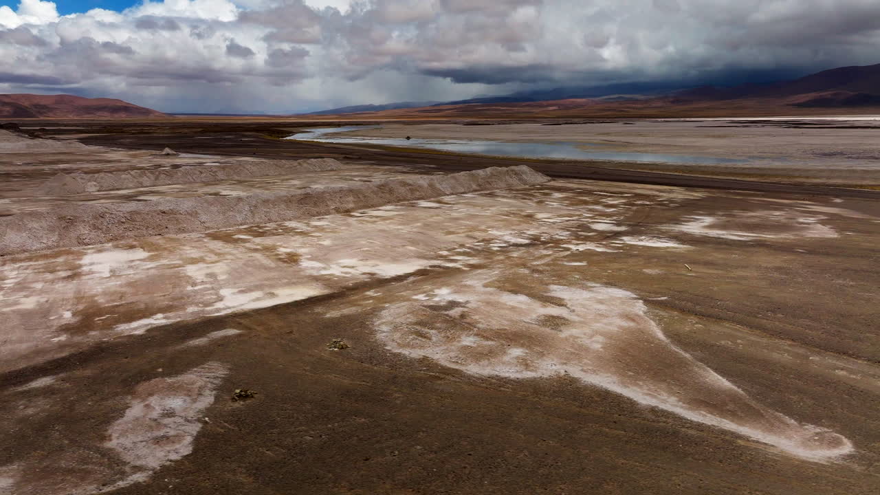 Borax mine at Laguna Capina, arid landscape with salt flats and mountains in background, Bolivia. Aerial drone