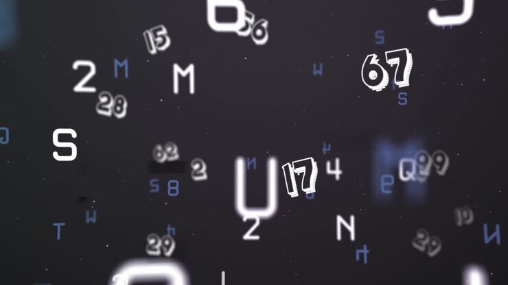Animazione digitale di numeri e lettere in continuo cambiamento su sfondo nero.