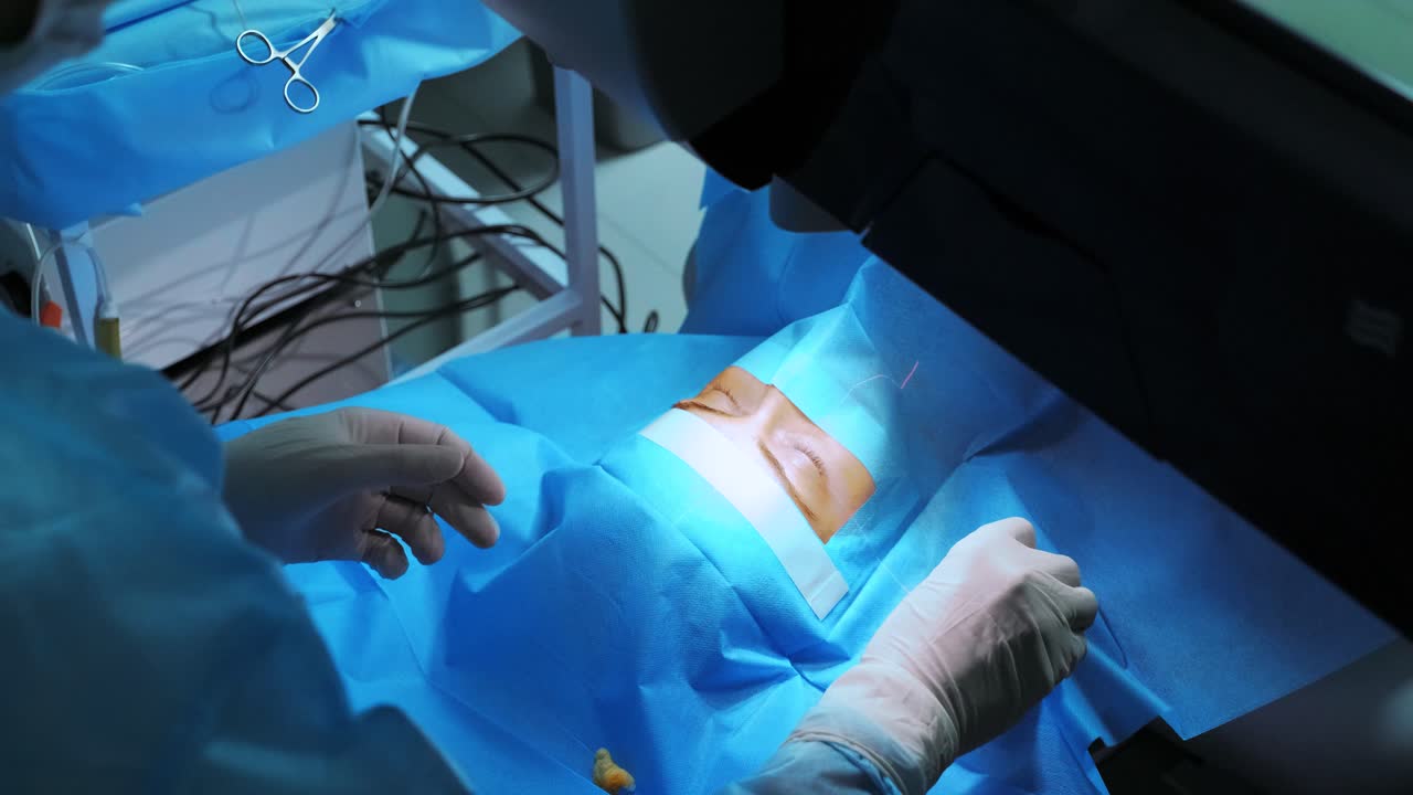 레이저 시력 교정: 안과 수술 중에 수술실에 있는 환자와 수술팀; 눈꺼풀 스럼; 라식 치료; 불임 개 아래의 환자