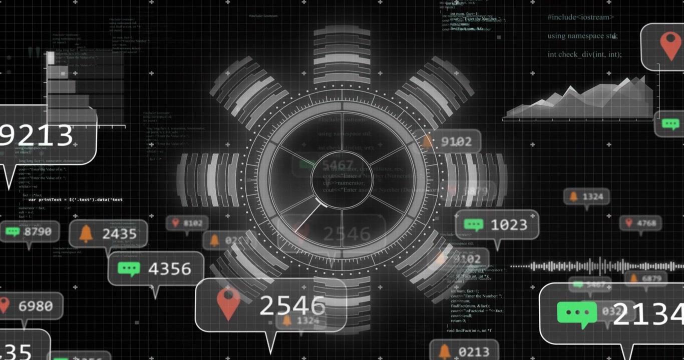 After grid appearing metallic HUD interface rotating while summoning numeric callouts for analytics