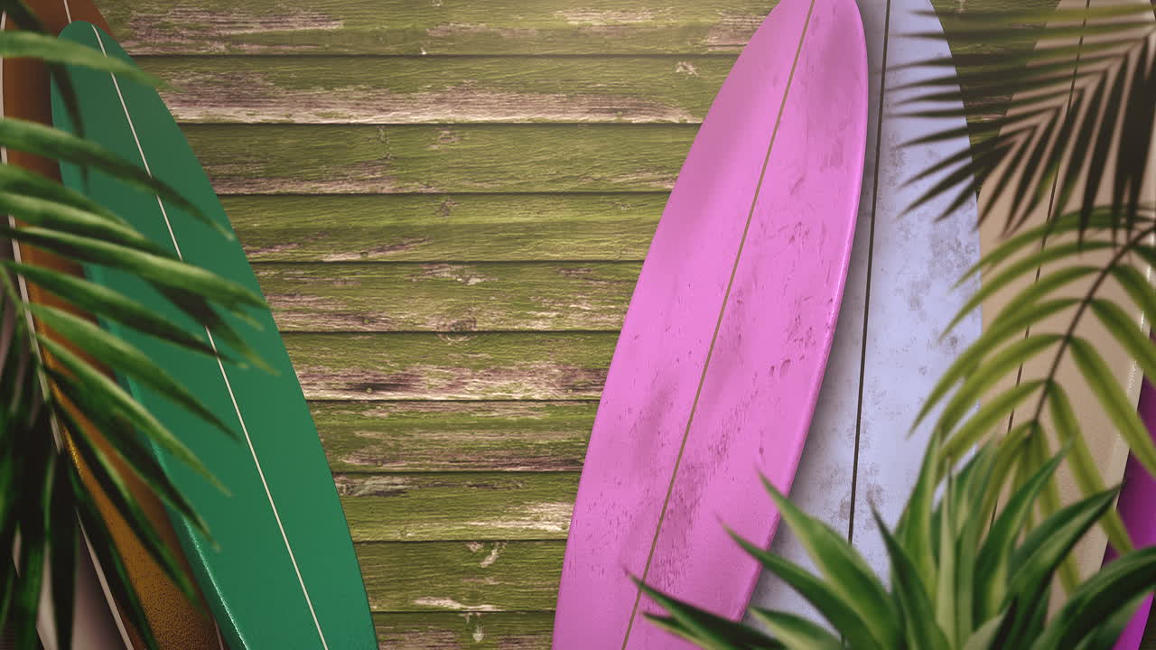 Primer plano de tablas de surf y hojas tropicales con fondo de verano 1