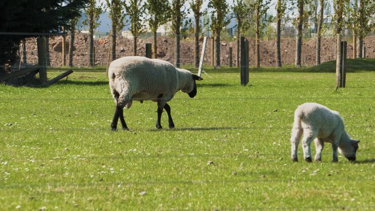 Agnelli e pecore nell'erba che giocano tra gli alberi