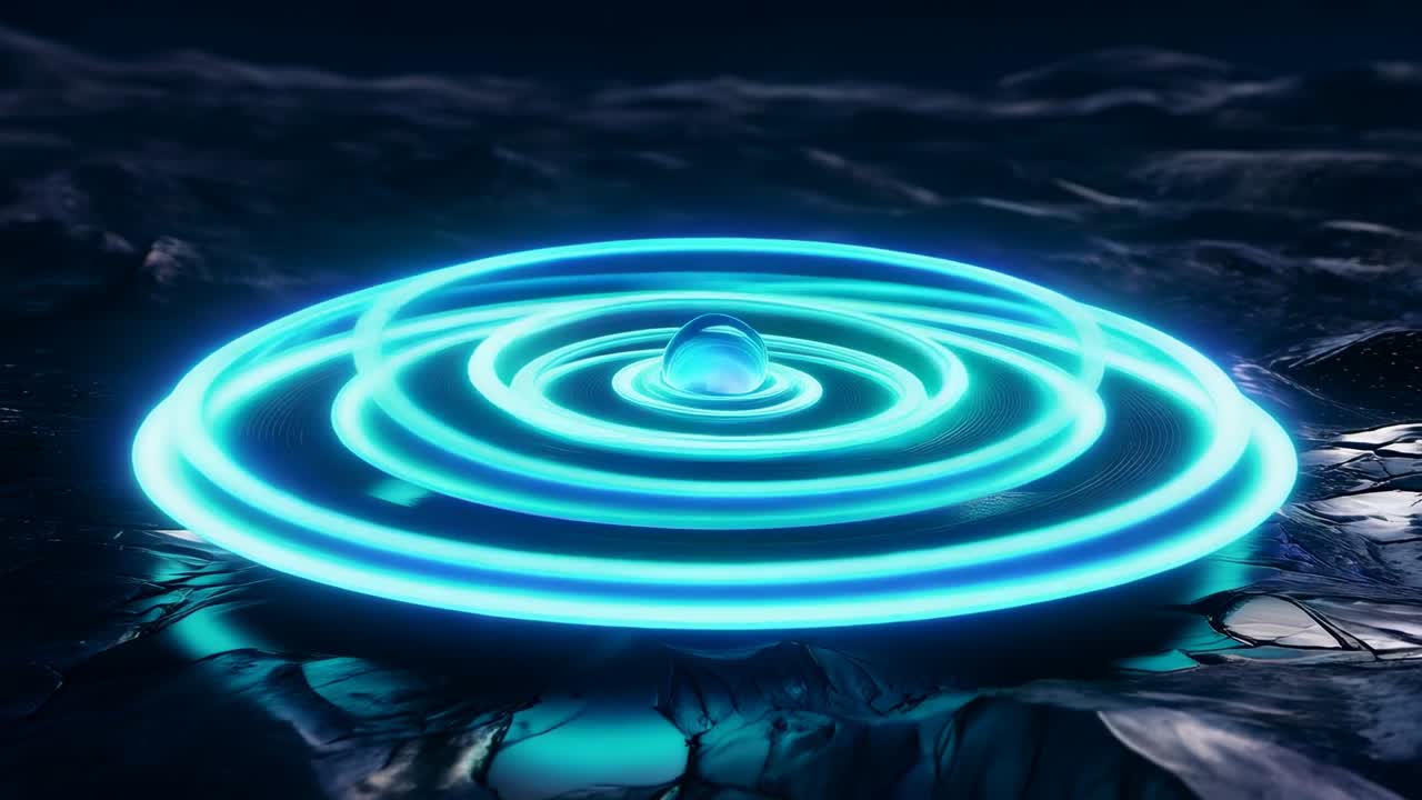 Pulsing sphere sparking cyan rings rippling over fractured glossy ground, casting reflections