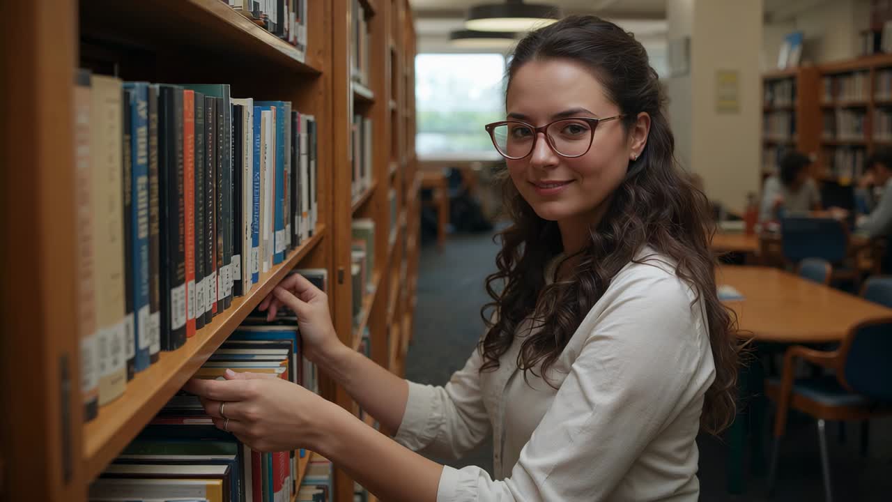 Notando un titolo, donna con camicia chiara e occhiali che sfila un libro dallo scaffale della libreria per studiare.