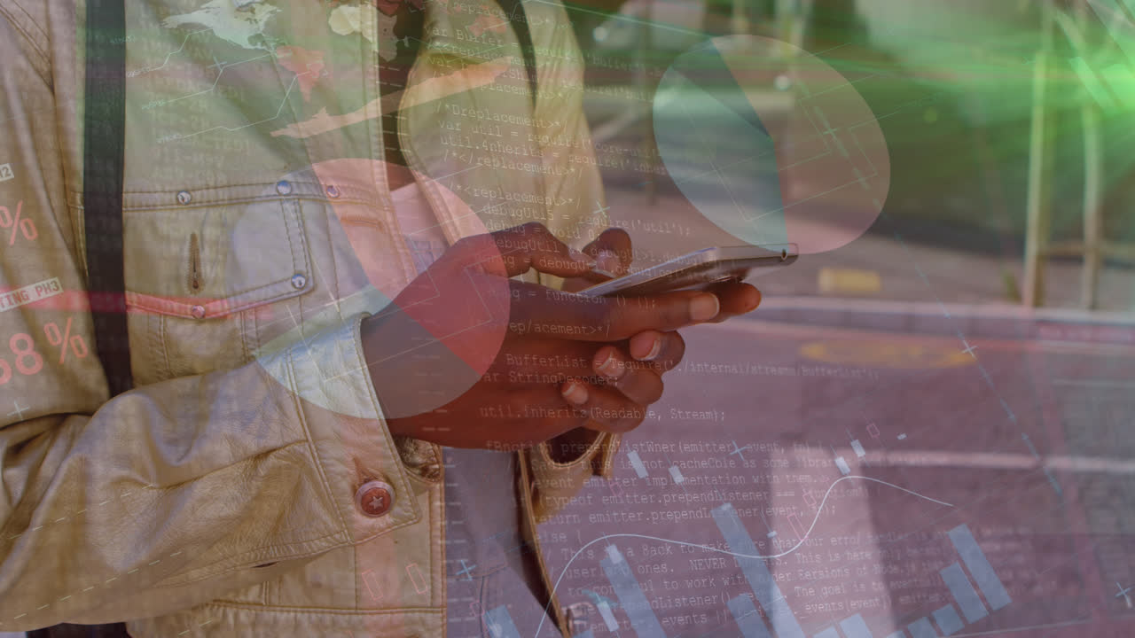 스마트폰을 사용하는 두 인종 여성의 중간 부분에 대한 그래프의 애니메이션