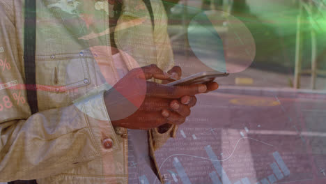 animation of graphs over midsection of biracial woman using smartphone
