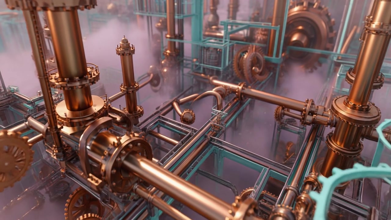 Abstract Industrial Machinery with Rotating Gears and Steam