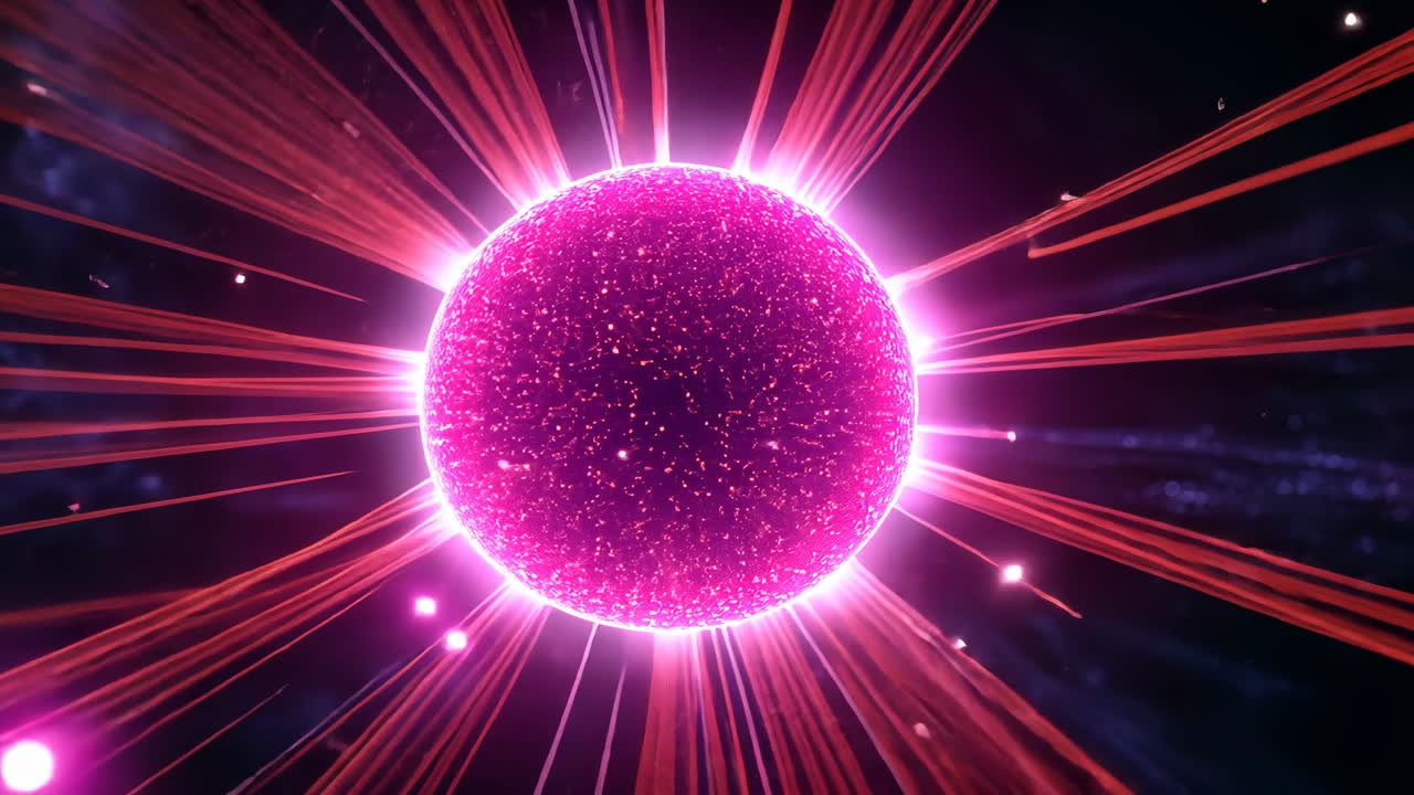 Emerging glowing sphere pulsing in void, casting red beams and clusters, drifting cubes and sparks