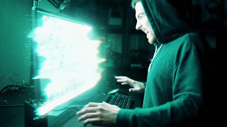 Angolazione laterale di una figura incappucciata davanti a uno schermo luminoso, che evoca un tema hacker.