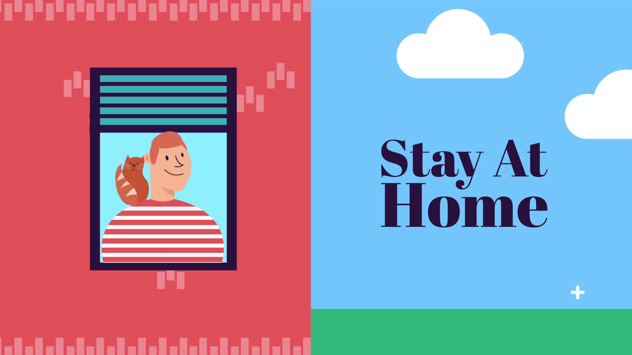 man with cat in apartment window stay home campaign