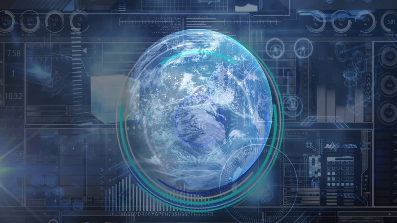 Animation of data processing and globe over server room