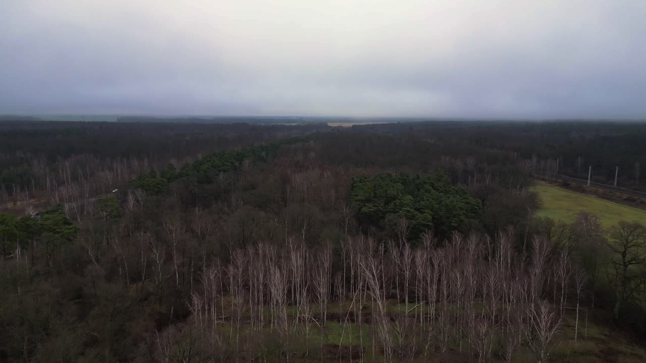 구름이 가득한 하늘 아래 큰 숲을 가로지르는 철도의 공중 풍경, 기분이 좋고 대기 풍경을 만니다. 놀라운 공중 전망 비행 오버플라이 오버 드론