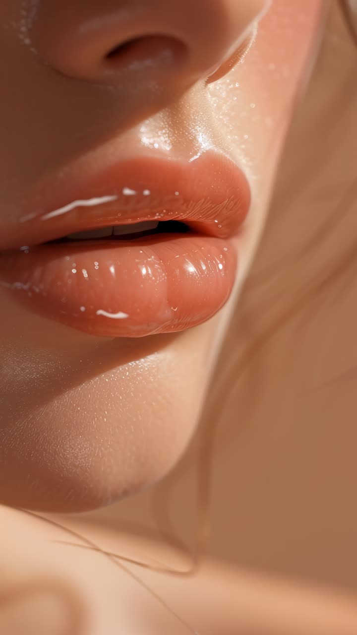 Close-up video shot of glossy lips, showcasing smooth skin texture