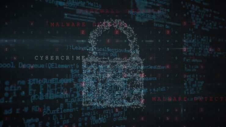 Animation of padlock and data processing on black background