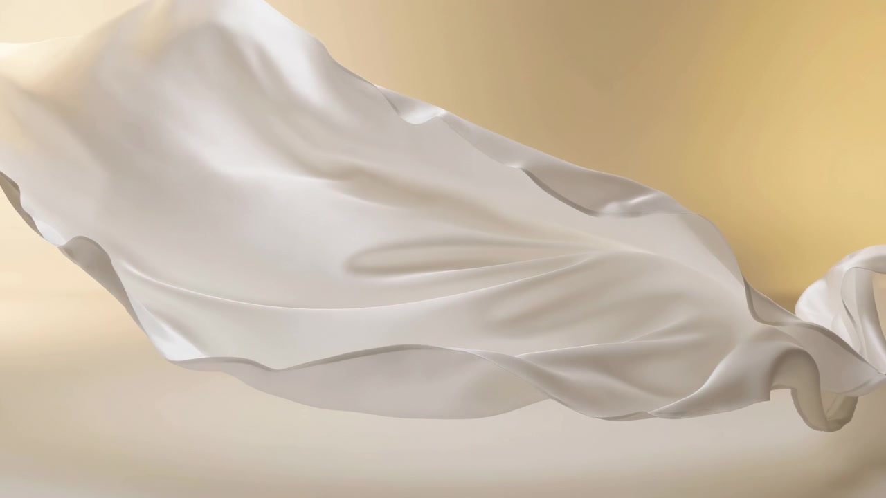 Elegant white silk satin cloth flowing over warm beige gradient, with broad folds, layered edges, soft highlights, and subtle tension points shaping calm luxury textile motion in studio light