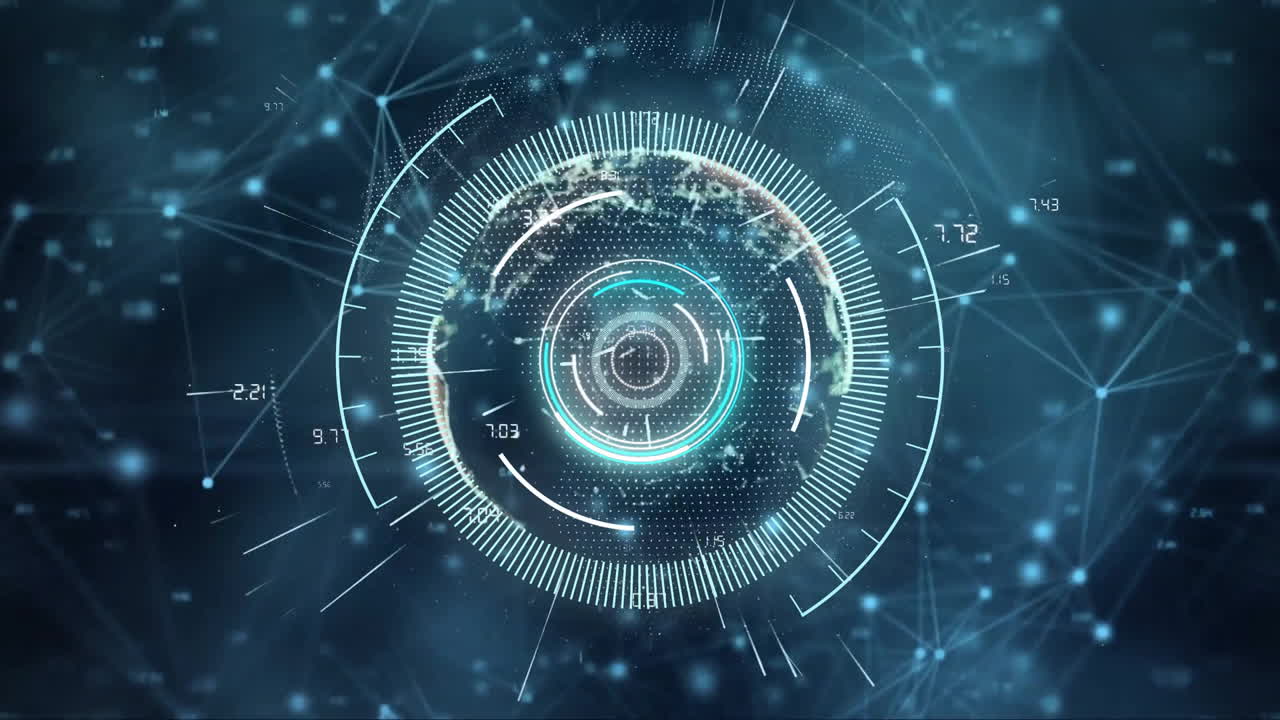 Animation of scope scanning and network of connections over light spots on black background