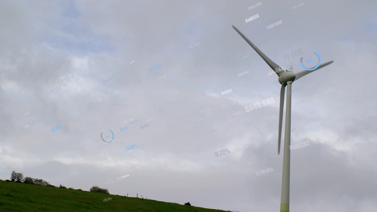 Vinden tager til, en hvid trebladet turbine roterer med uret, HUD-aflæsninger skifter for at vise effekt.