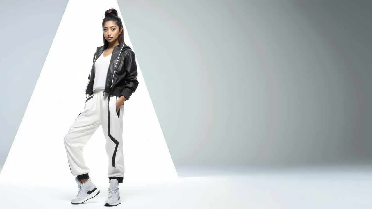 Stylish urban fashion video concept with a full-body shot. Low angle captures a confident pose