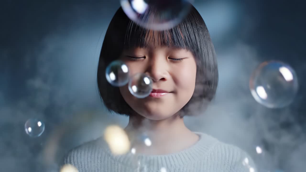 Asian girl blowing bubbles and smoke