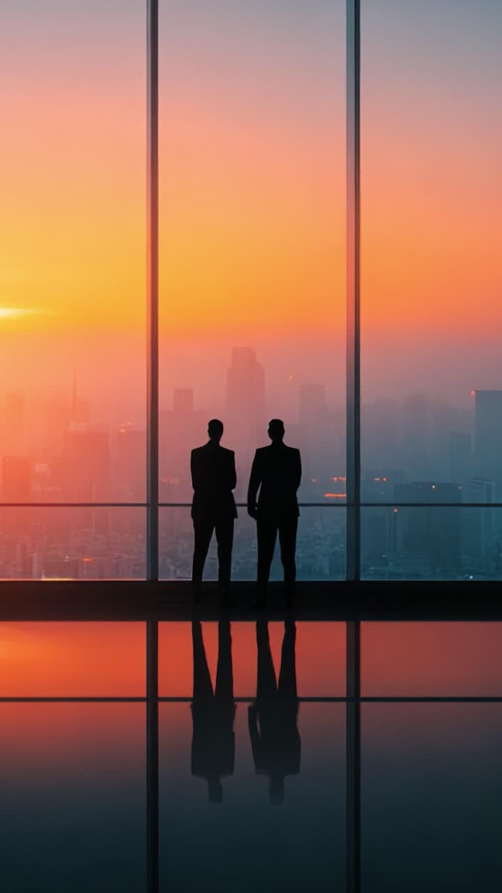 Dos siluetas de figuras de pie con una impresionante puesta de sol sobre el horizonte de una ciudad, proyectando sombras y reflejando los vibrantes tonos naranja y púrpura en el suelo