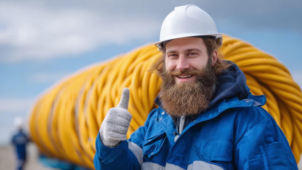 Um trabalhador confiante usando equipamento de segurança faz um sinal de positivo ao lado de cabos enrolados, mostrando segurança, trabalho em equipe e profissionalismo em ambientes industriais