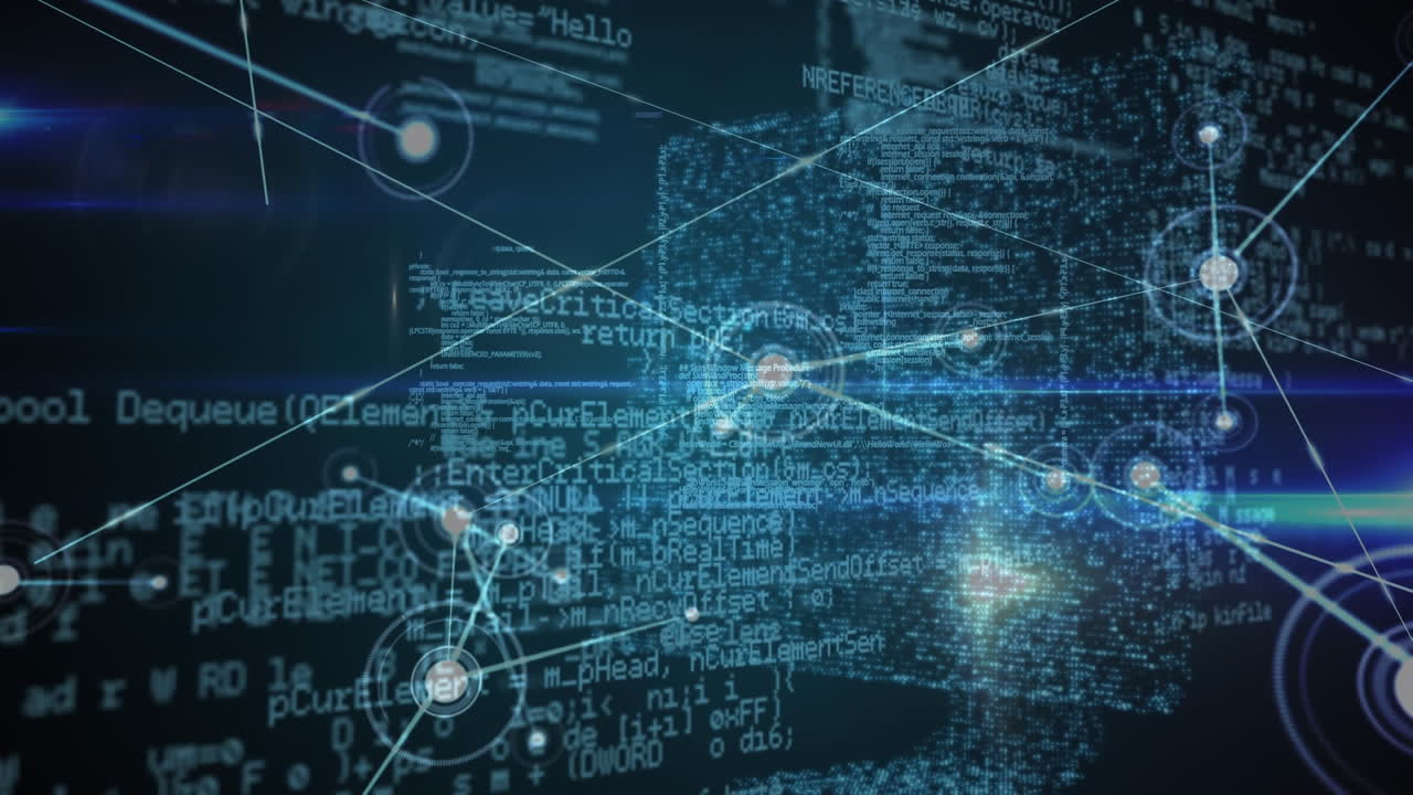 Animation of network of connections, data processing and blue light spot over 3d computer model