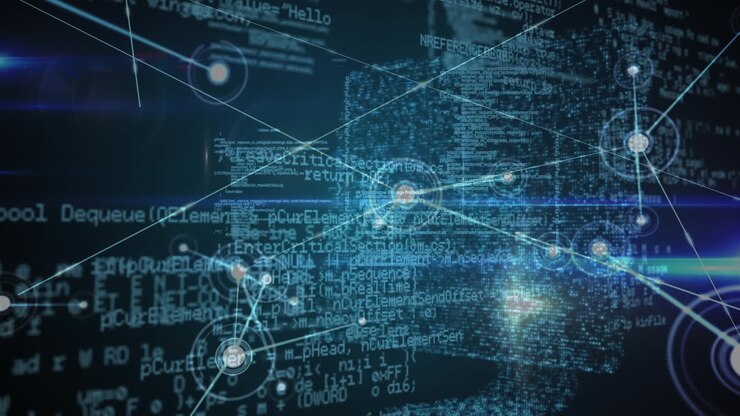 Animation of network of connections, data processing and blue light spot over 3d computer model