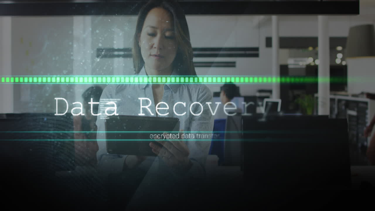 Animation of data processing over asian businesswoman in office