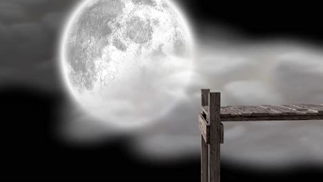 animation of wooden jetty over full moon and clouds on night sky in background