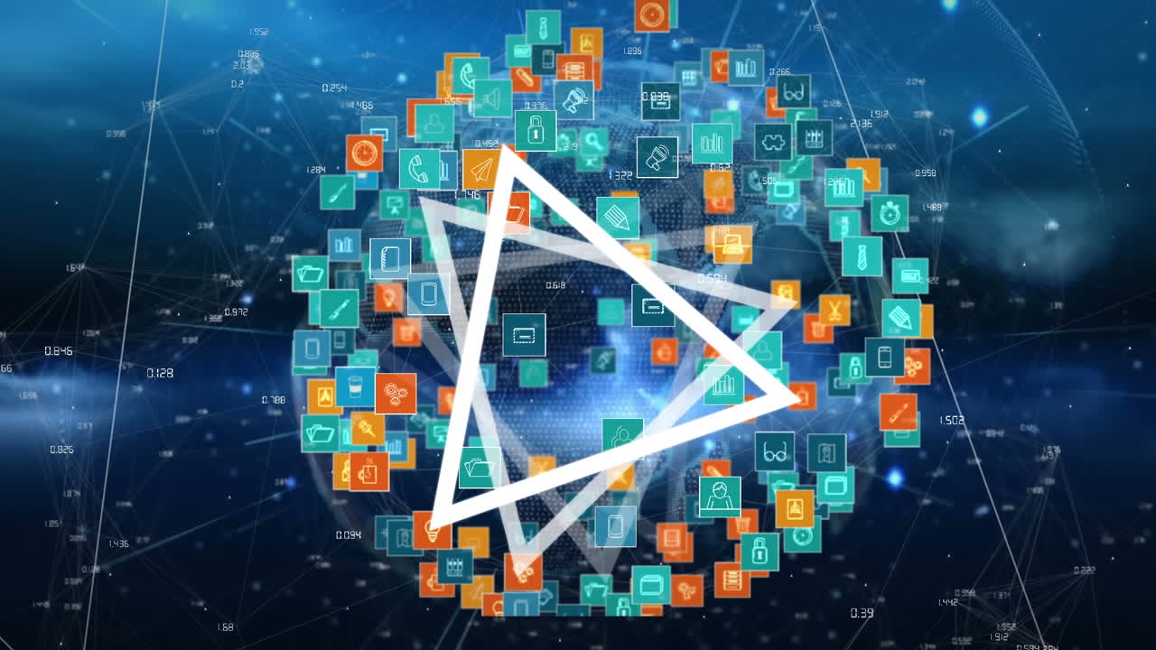 Animation of globe and triangle, icons with network of connections