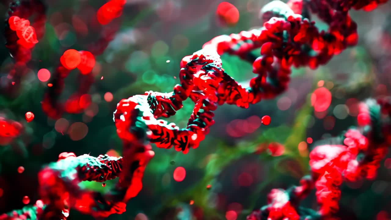 A colorful, abstract image of a spiral with red dots scattered all over it. The red and green colors create a dynamic and energetic mood, while the dots add a sense of movement and chaos to the scene