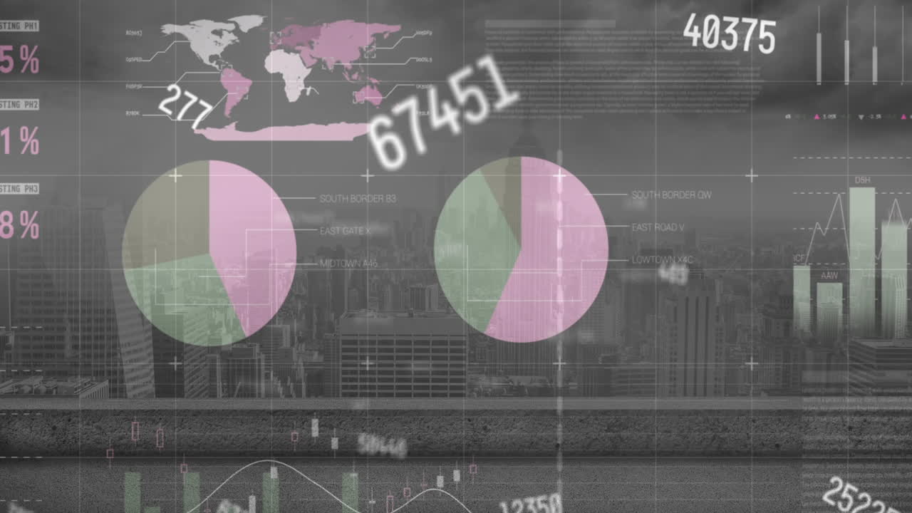 도시 풍경의 공중 전망에 대한 변화하는 숫자의 애니메이션과 통계 데이터 처리