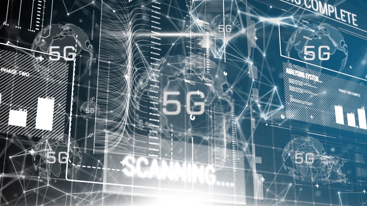 Animation of 5g over globe, connections, data and digital screen