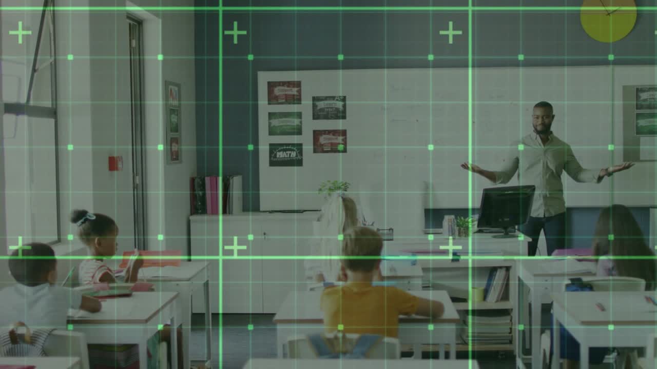 Teacher gesturing while pupils writing and glancing up, green grid scanning desks for education