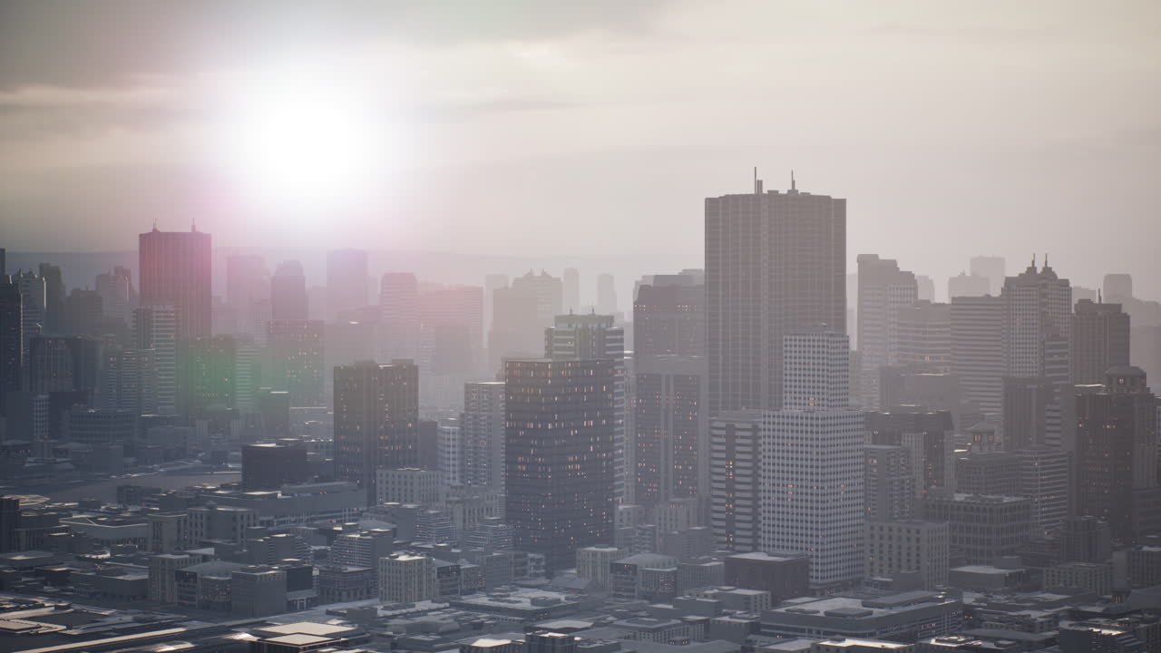 해가 지는 시점 에 초고층 건물 들 이 있는 스카이라인 공중 뷰