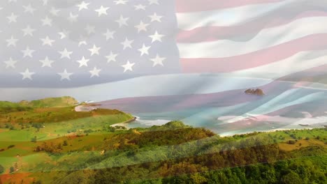 animation of flag of usa blowing over beach landscape