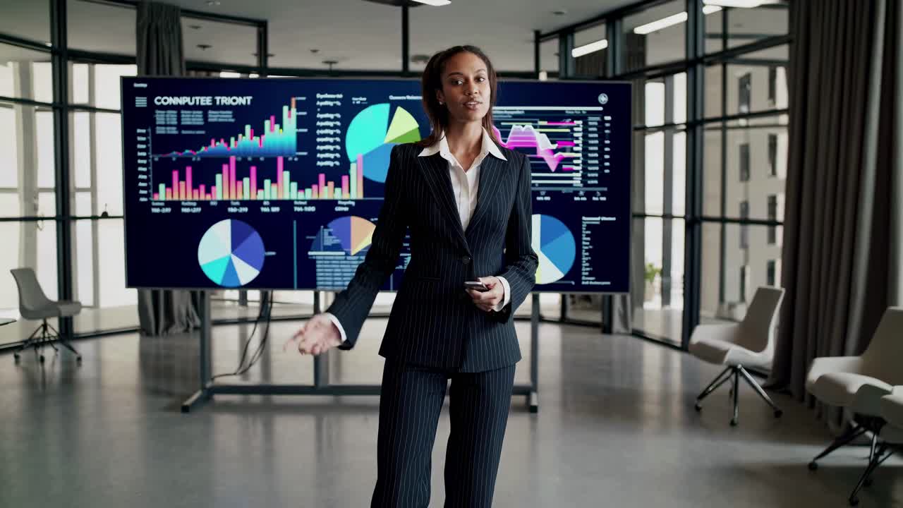 Businesswoman in a modern office presents data on large screens