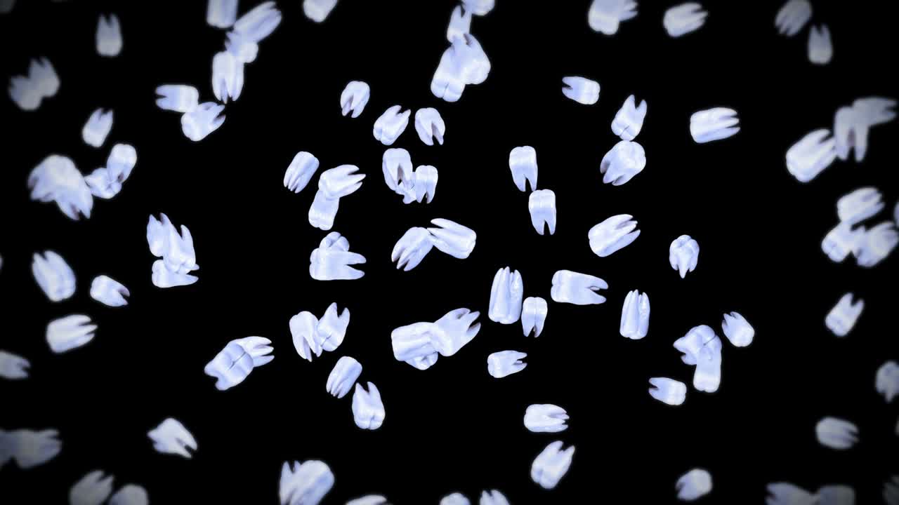 검은색 바탕에 많은  이빨을 날아다니며, 치과 관리 개념, 치아 회전의 3d 애니메이션, 루프 애니메이션.