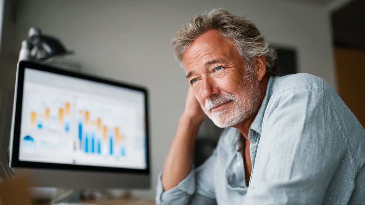 A contemplative man with gray hair and a thoughtful expression sits in front of a computer displaying data charts and graphs, reflecting on his analytical work or a recent project