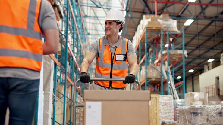 Lavoratori di magazzino che spostano le scatole